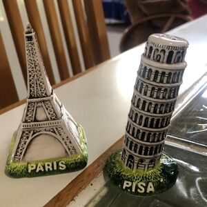 Ooh La La.  Paris, themed salt and pepper shakers-Eiffel Tower Tower of Pisa.